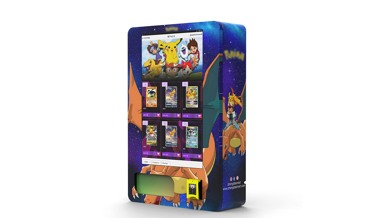 Touchscreen trading card vending machine showing multiple product choices