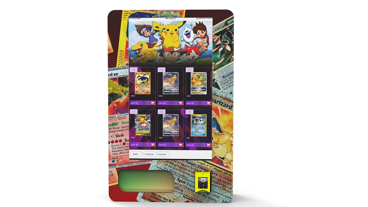 Customized sports and TCG card vending kiosk with display shelves