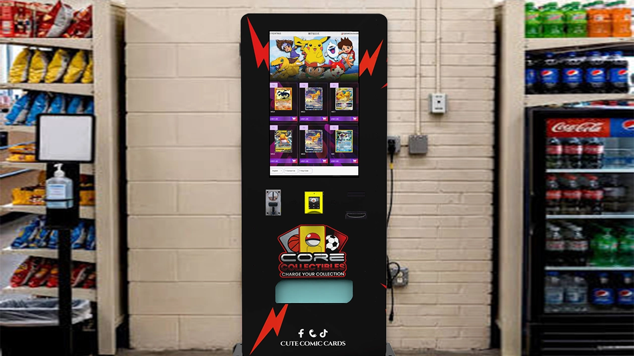 OEM custom sports card vending machine with branded cabinet and touchscreen