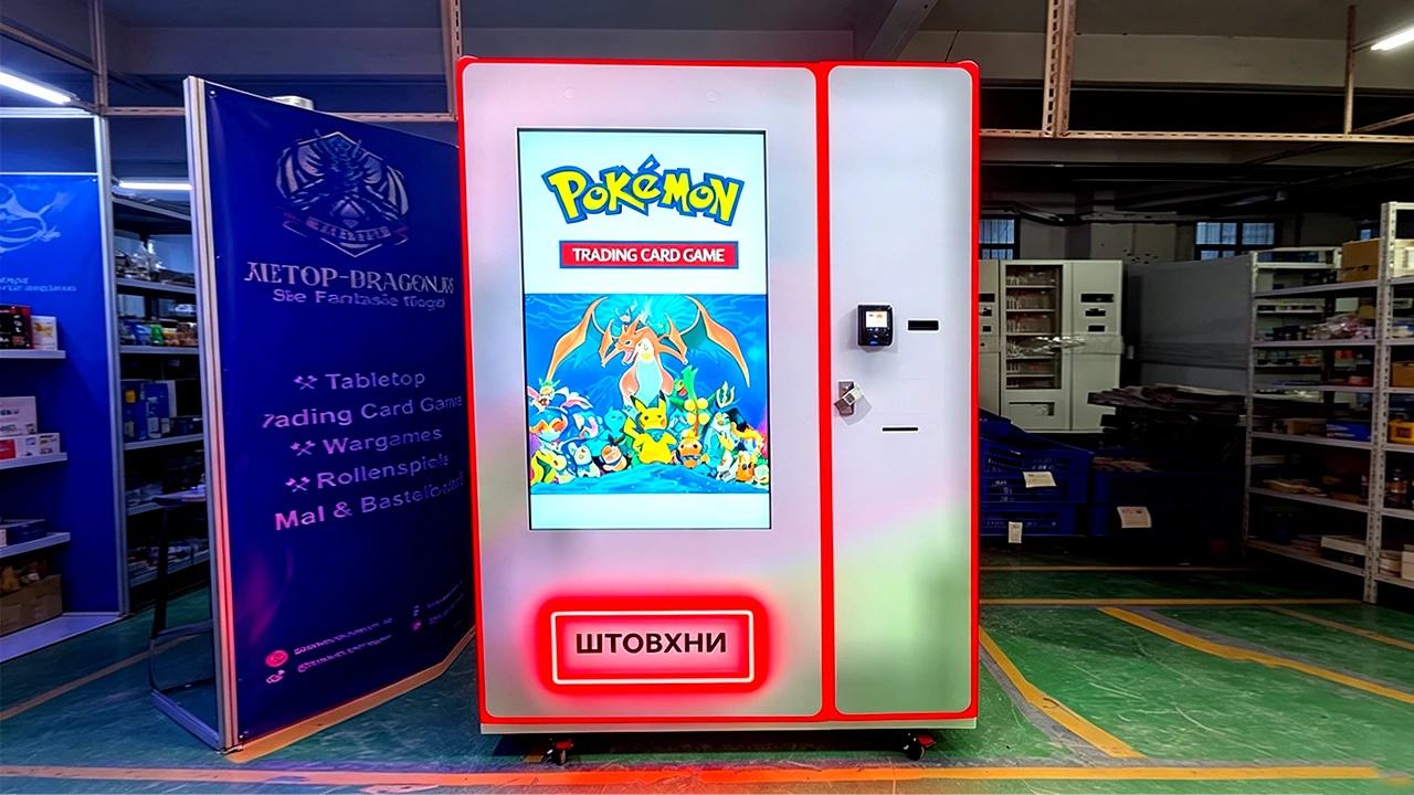 Trading card self-service vending machine prepared for commercial operation