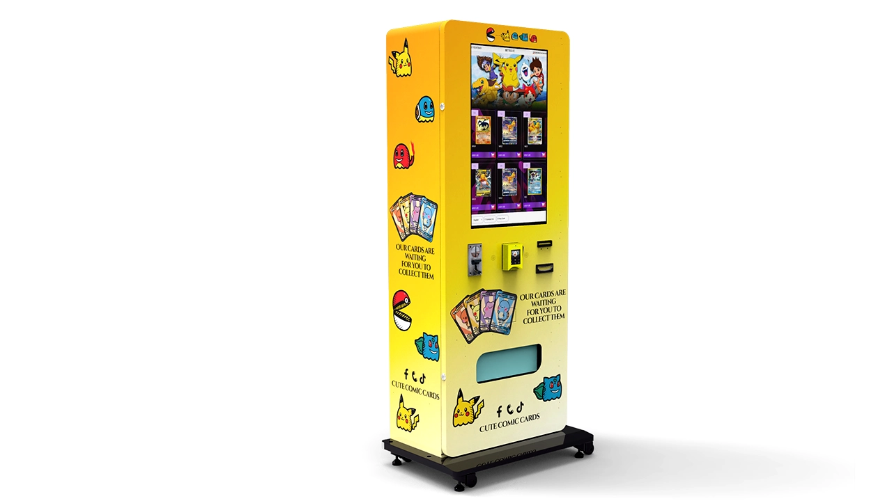 Touchscreen trading card vending machine with adjustable product lanes