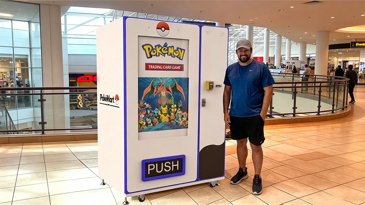 Wall-mounted trading card vending machine for local game store
