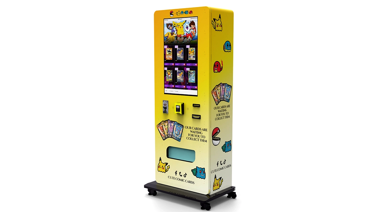 Example of a brightly branded trading card vending machine cabinet