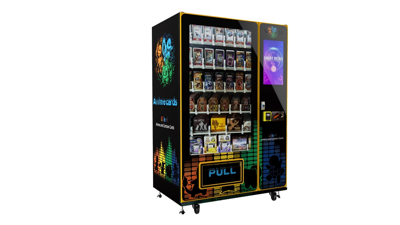 Automated trading card retail machine with touchscreen and product channels