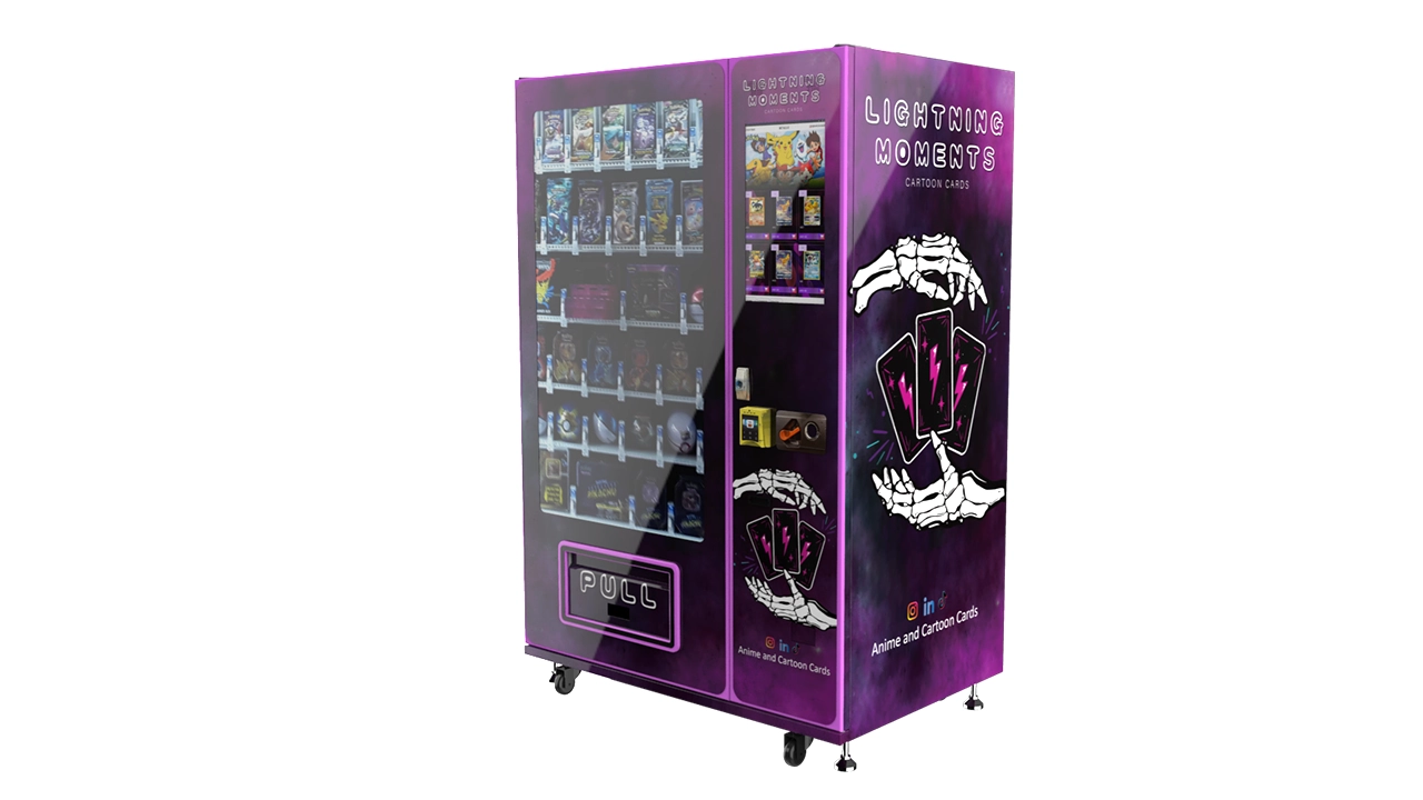 Trading card vending kiosk positioned as a self-service retail point
