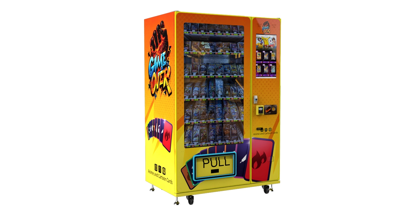 Trading card vending machine displaying multiple collectible card products