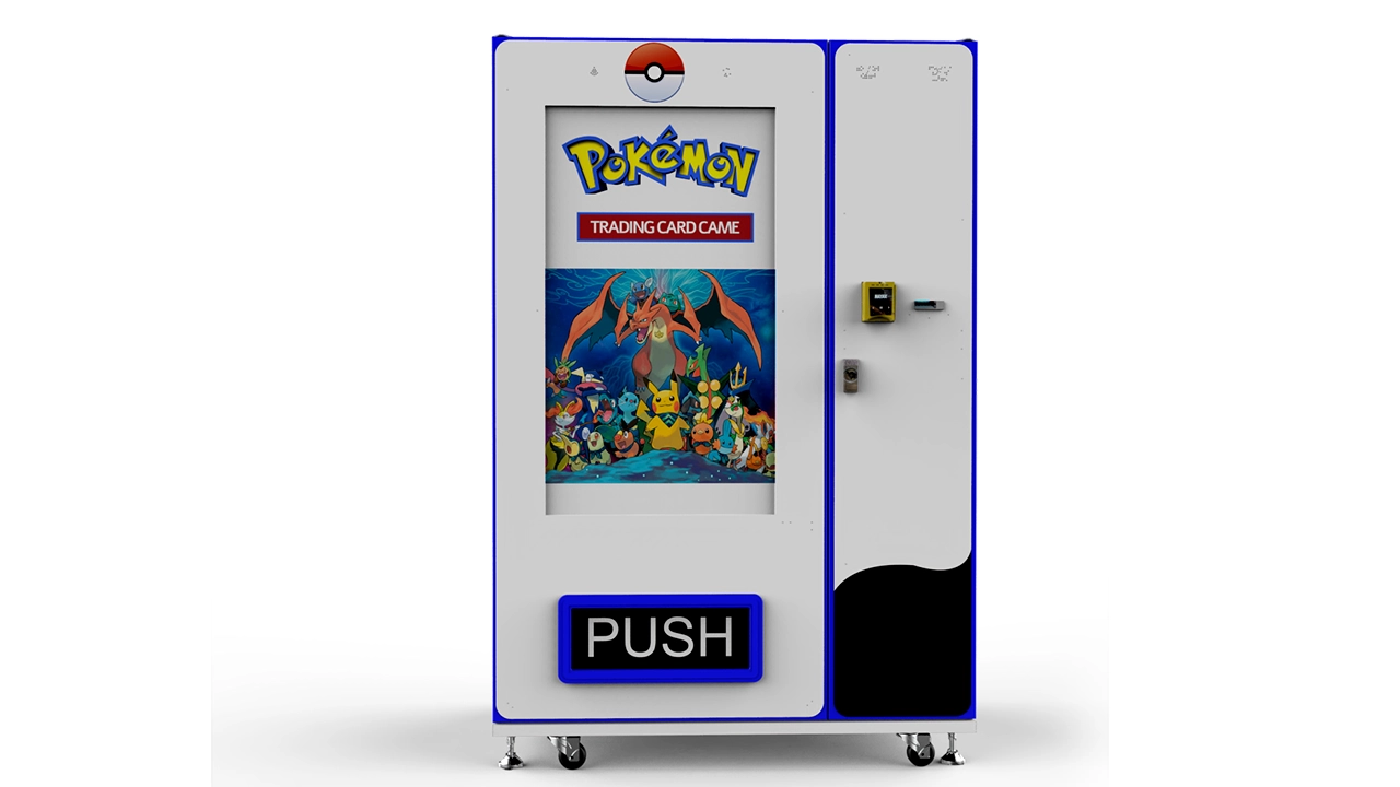Trading card vending machine cabinet concept with a large product display area