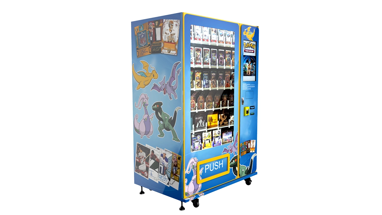 Commercial touchscreen trading card vending machine with multiple cargo lanes