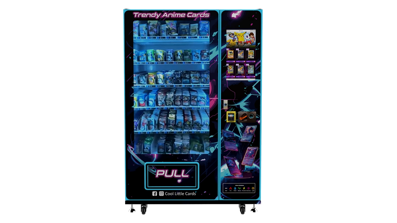Collectible card vending machine displaying multiple TCG products