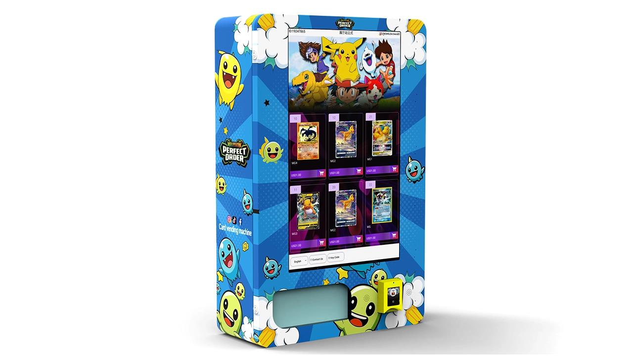 Trading card vending machine cabinet and merchandising example