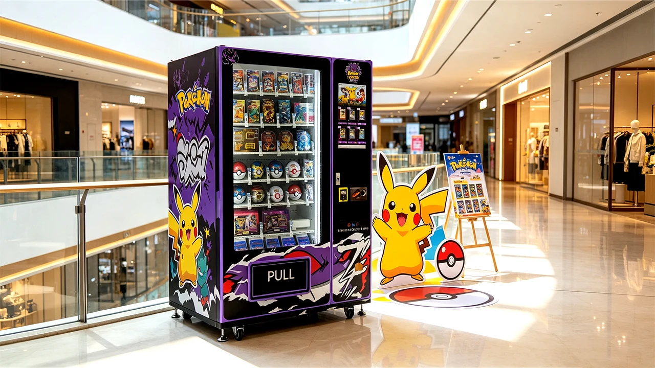 Customized trading card vending machine installed in a shopping mall